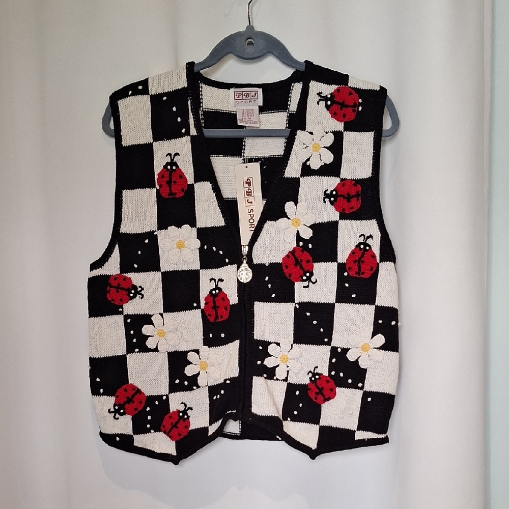 PBJ Sport Black & White Checkerboard Ladybug Knit Vest